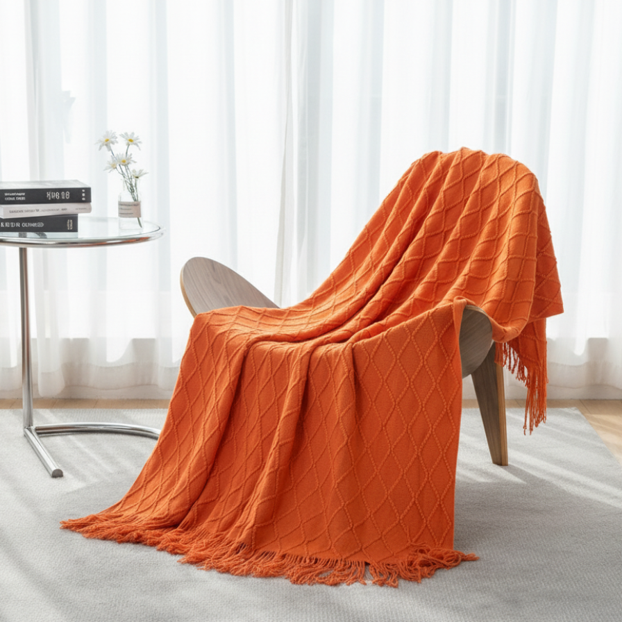 Orange blanket draped over a chair in a room with light curtains and a small table.