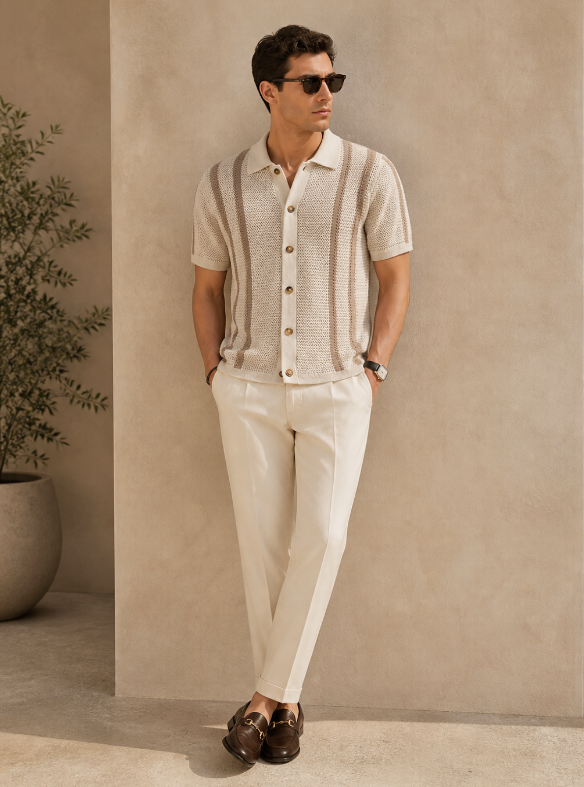 Man wearing a striped shirt and beige pants against a beige wall.