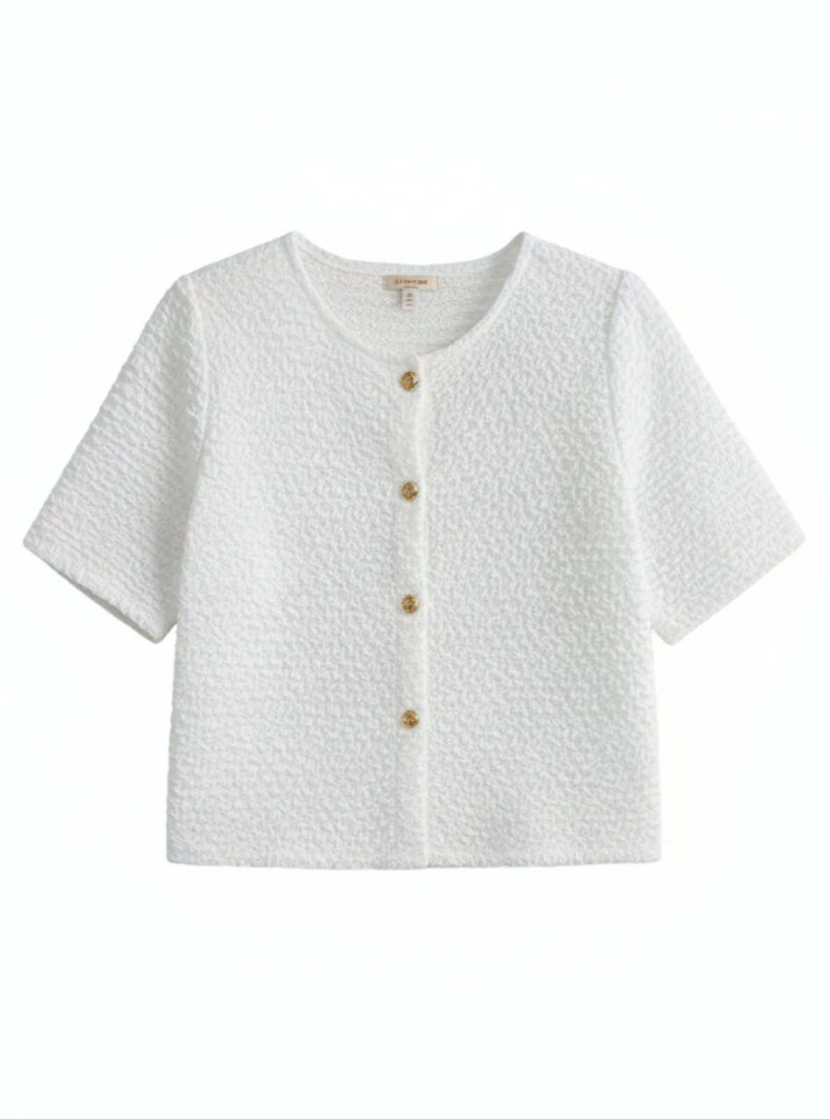 White textured short-sleeve shirt with gold buttons on a white background