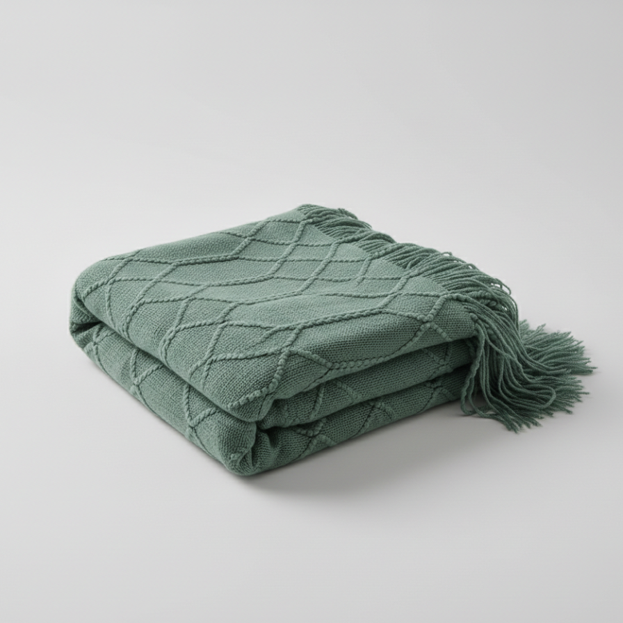 Folded green blanket with tassels on a light gray background