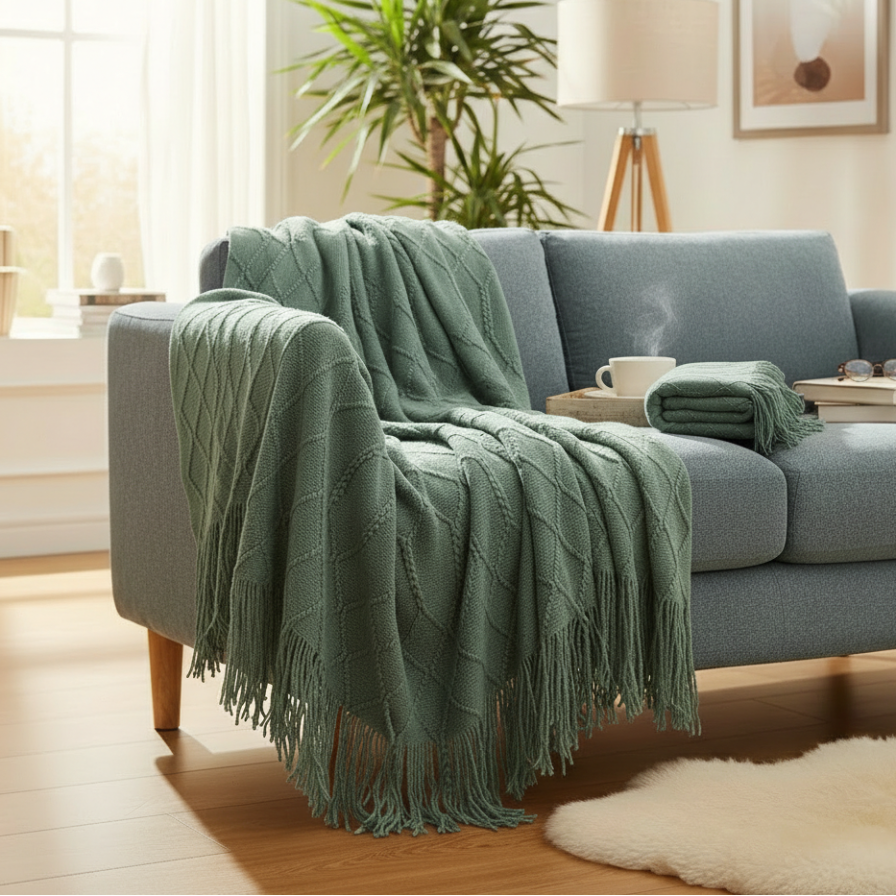 Gray sofa with a green throw blanket in a living room setting.