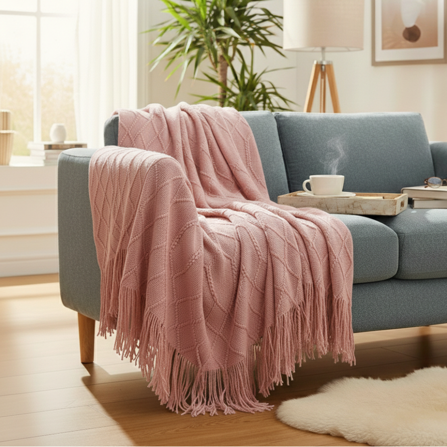 Pink blanket draped over a gray sofa in a cozy living room.