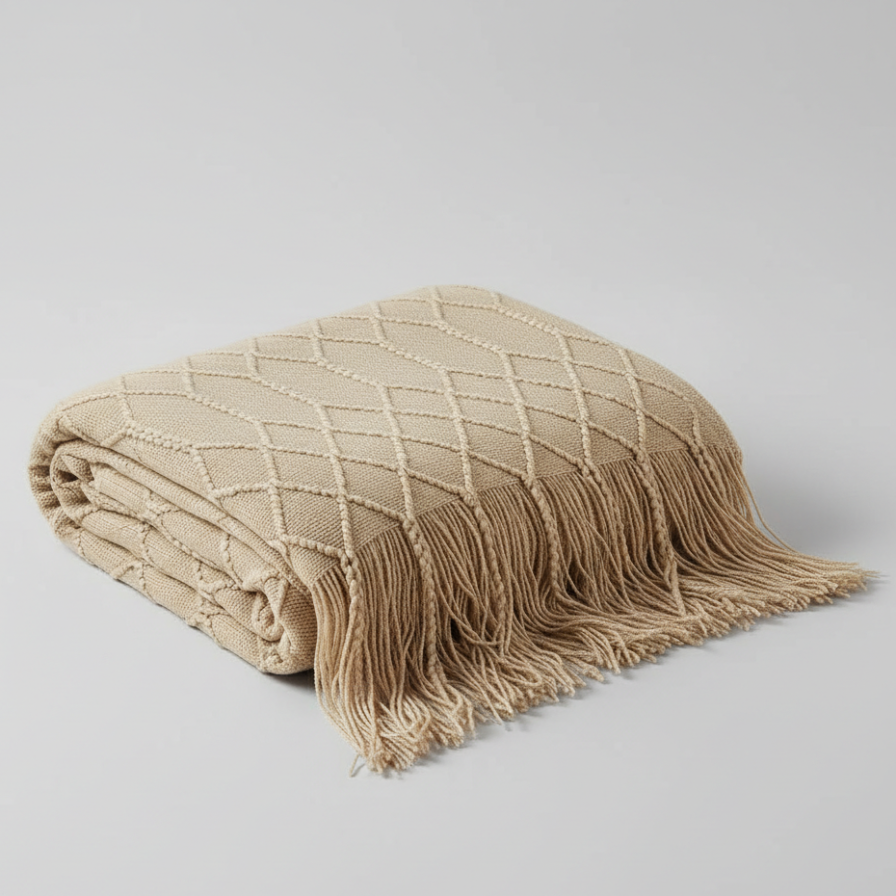 Beige woven blanket with fringes on a light gray background