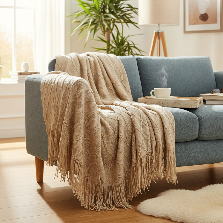 Cozy living room with a blue sofa, beige throw blanket, and a small table with a cup.