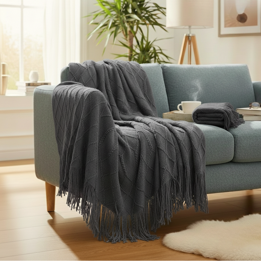 Gray throw blanket draped over a light blue sofa in a living room setting.