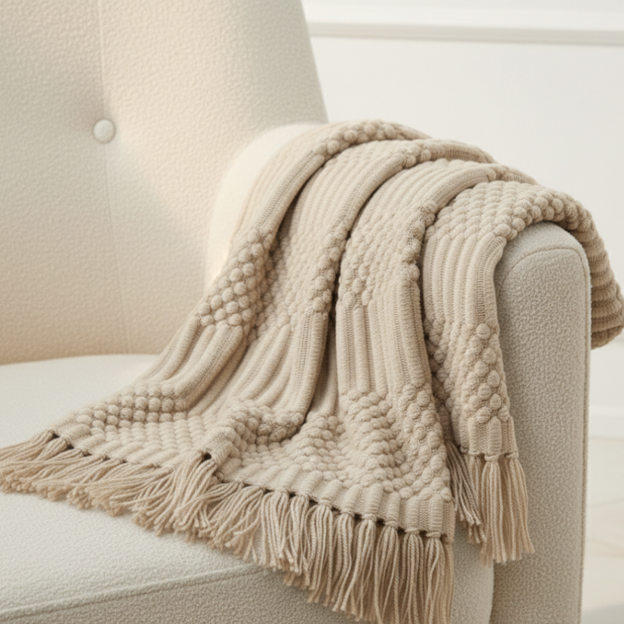 Beige knitted blanket with tassels draped over a beige armchair.