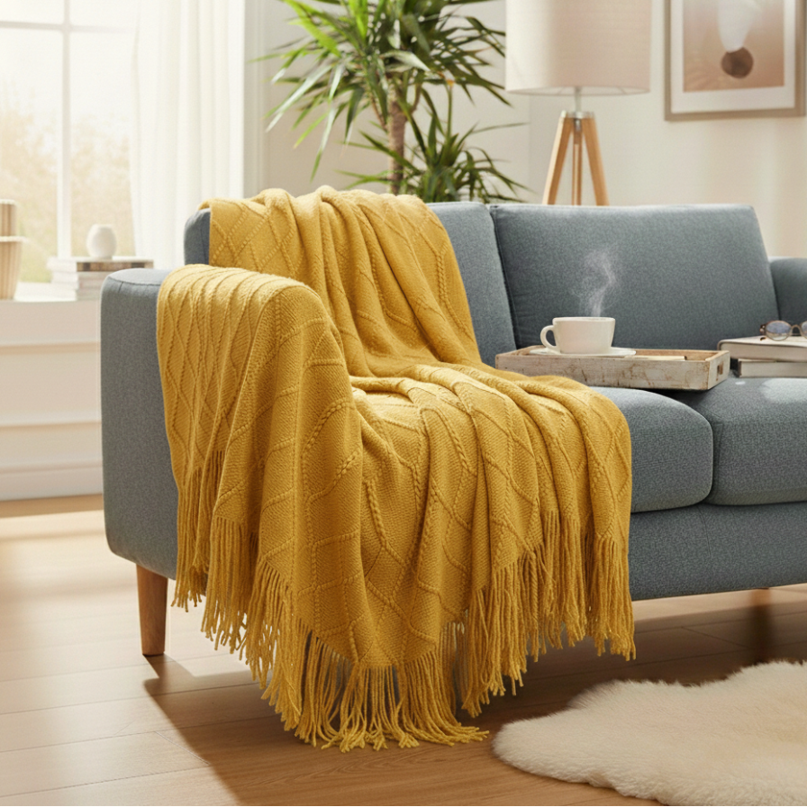 Yellow blanket draped over a gray sofa in a living room with a plant and lamp in the background.