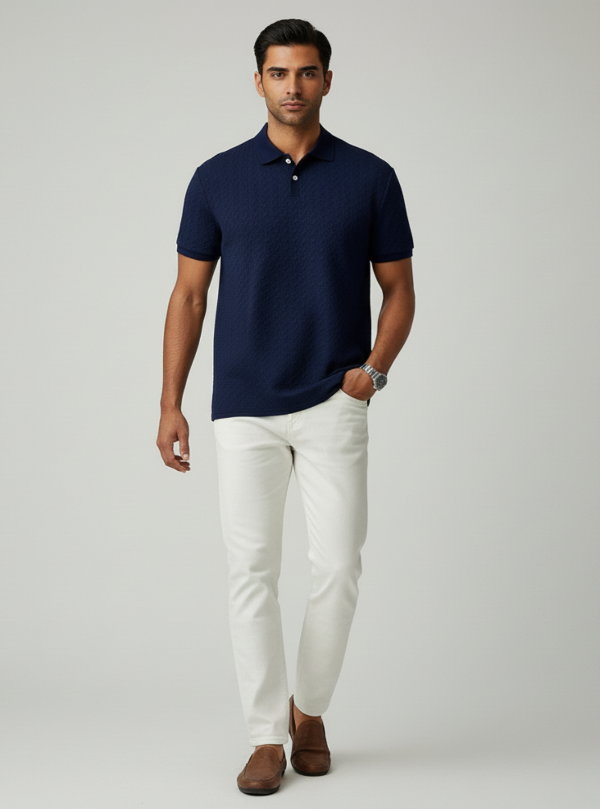 Man wearing a navy polo shirt and white pants on a gray background