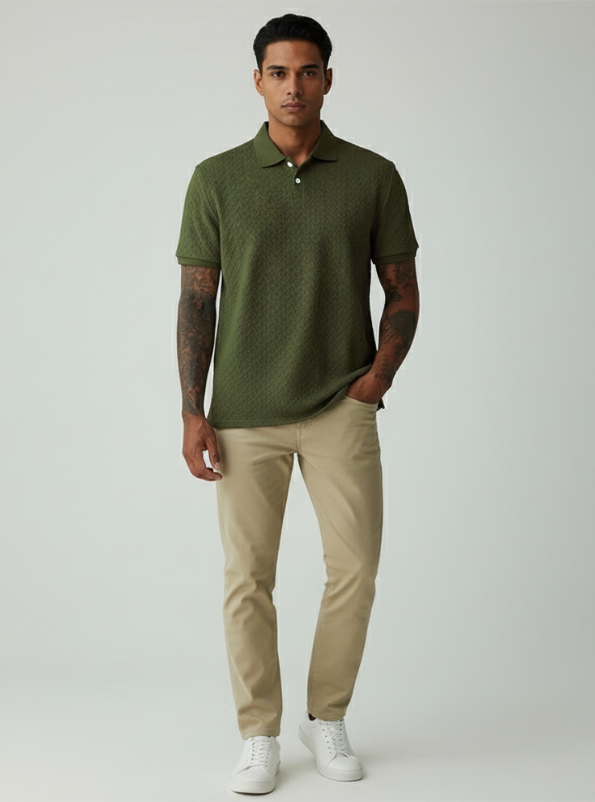 Man wearing a green polo shirt and beige pants on a white background