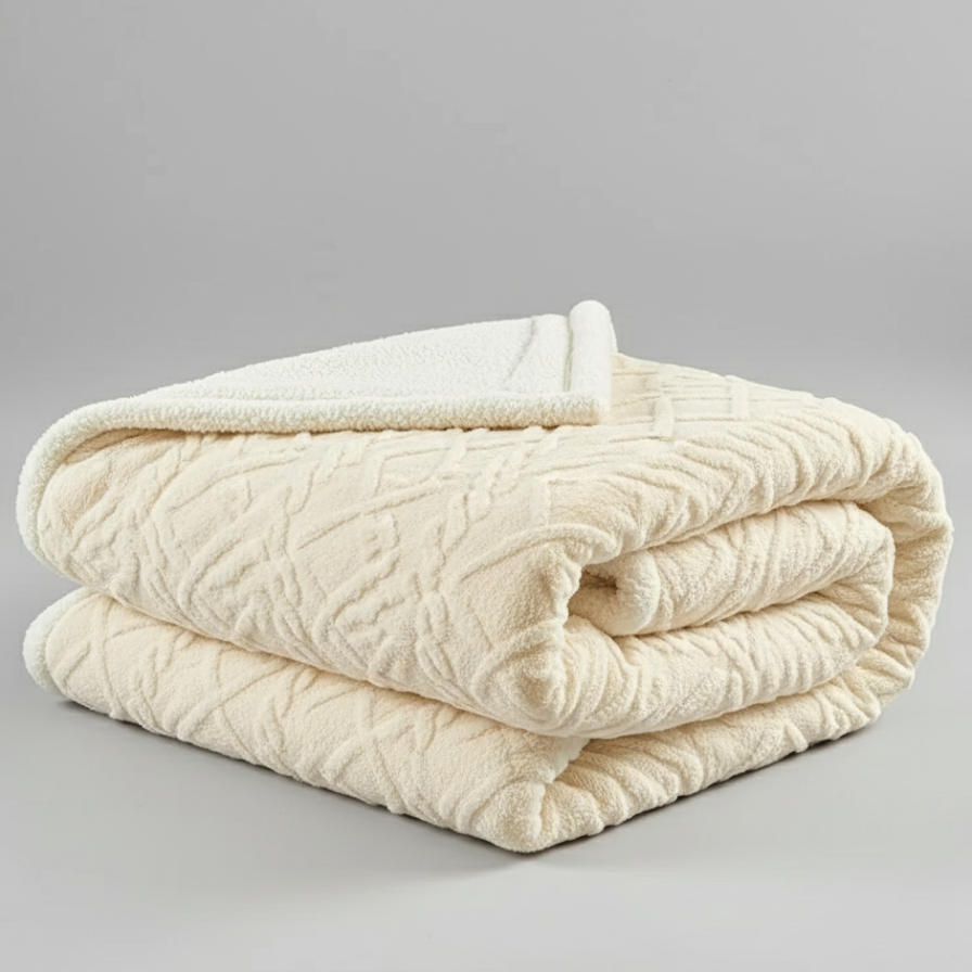 Folded cream-colored blanket on a gray background