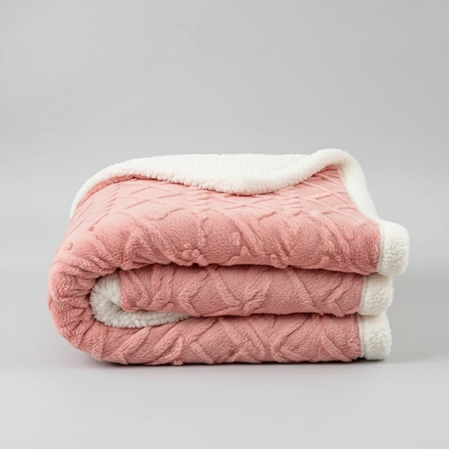 Pink quilted blanket with white trim on a gray background