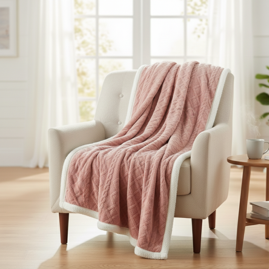 Pink blanket draped over a white armchair in a bright room with a side table and plant.