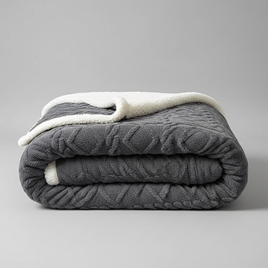 Folded gray blanket with white edges on a light gray background