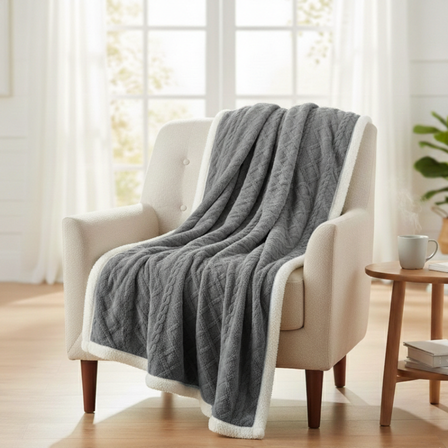 Gray blanket draped over a white armchair in a bright living room.
