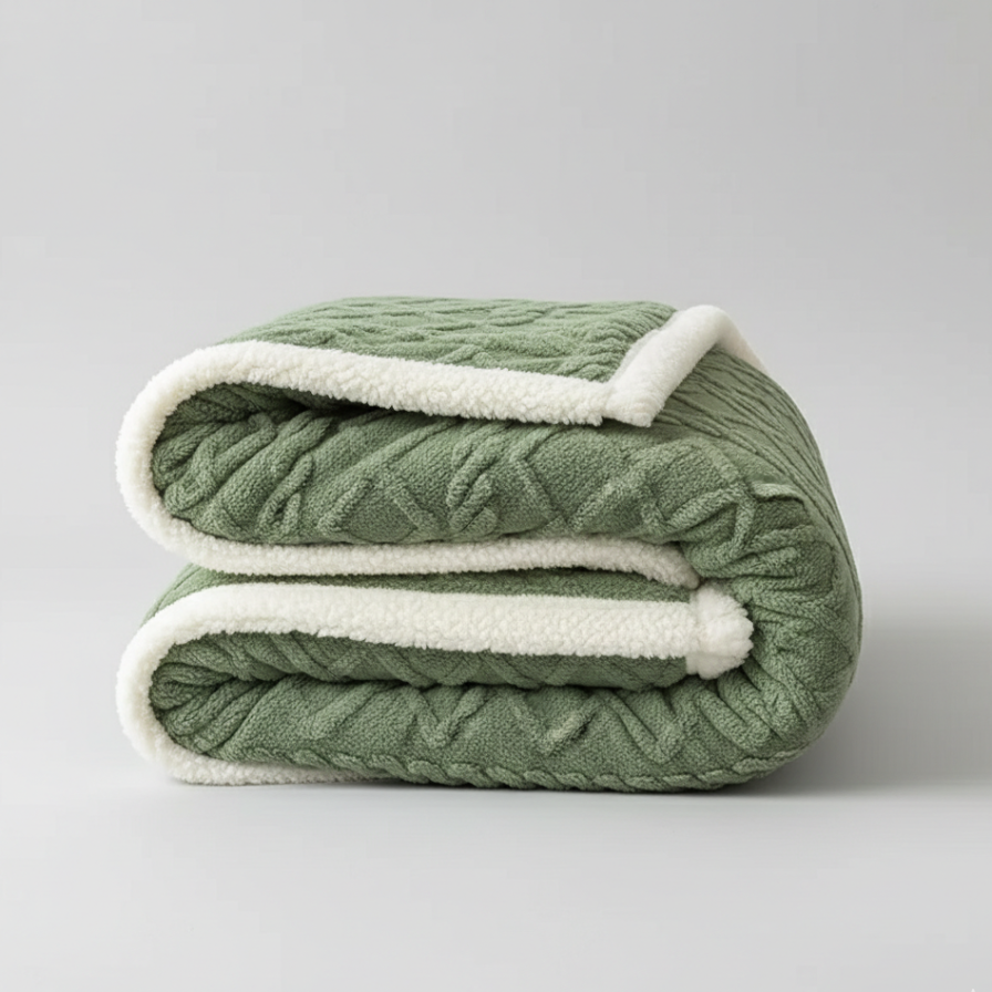 Green blanket with white trim on a light gray background