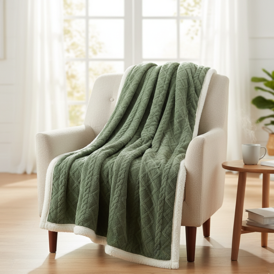 Green textured blanket draped over a white chair in a bright room with a plant and table.