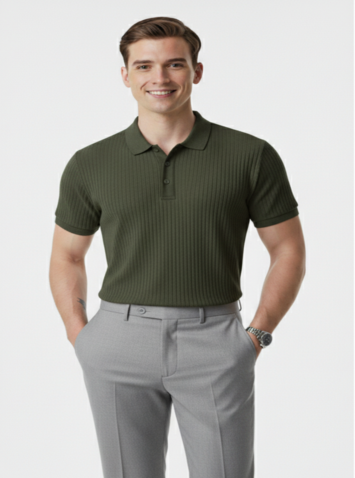 Man wearing a green polo shirt and gray pants on a white background