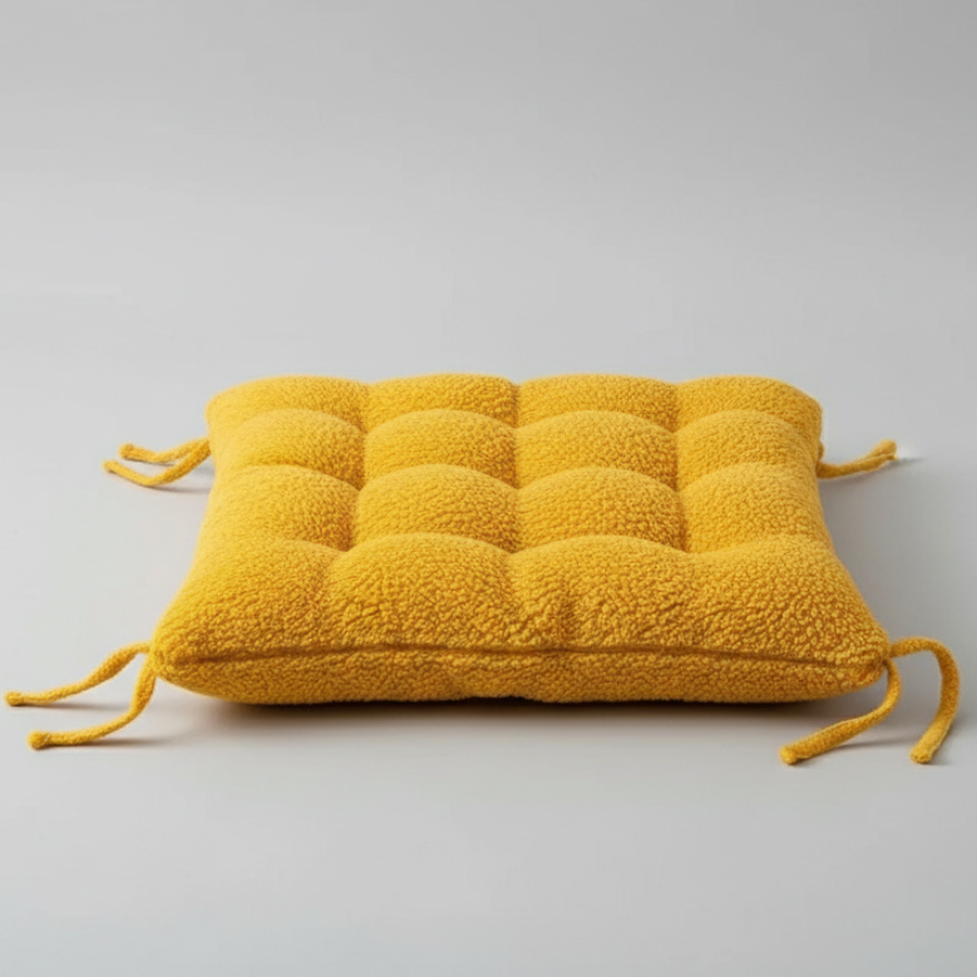 Yellow cushion with tied strings on a light gray background