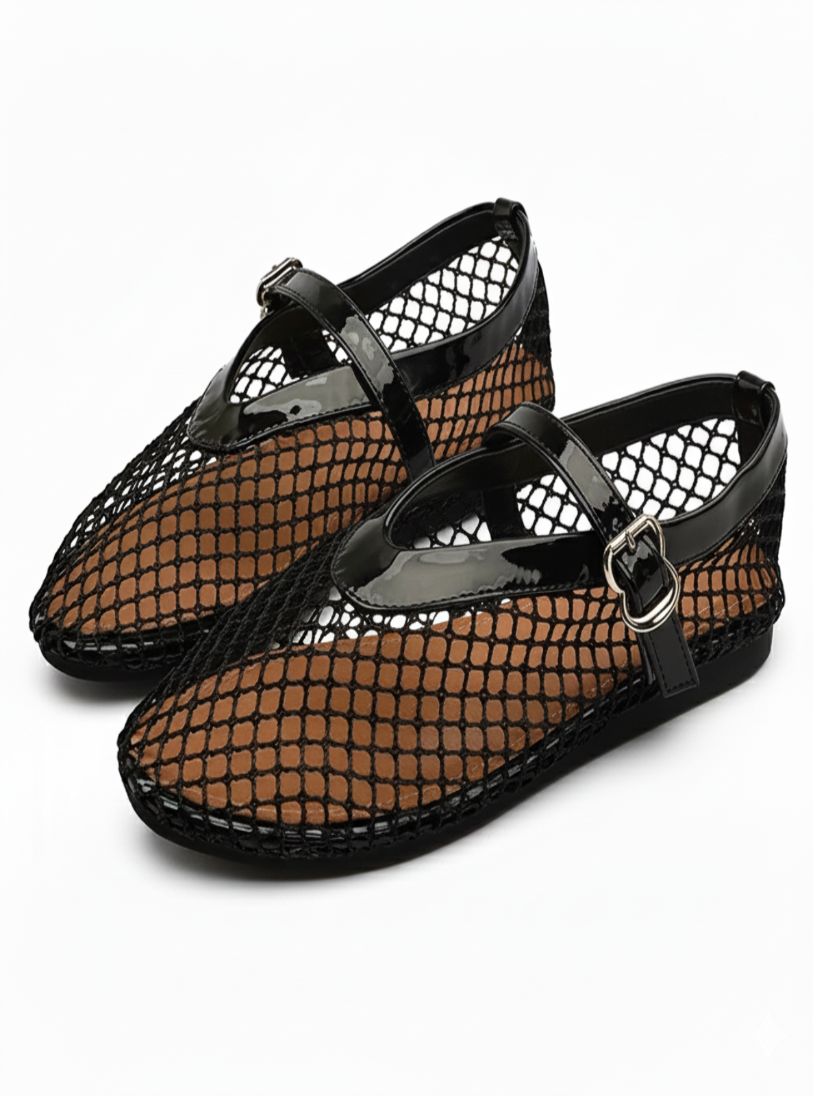 Black and brown mesh shoes with strap on a white background