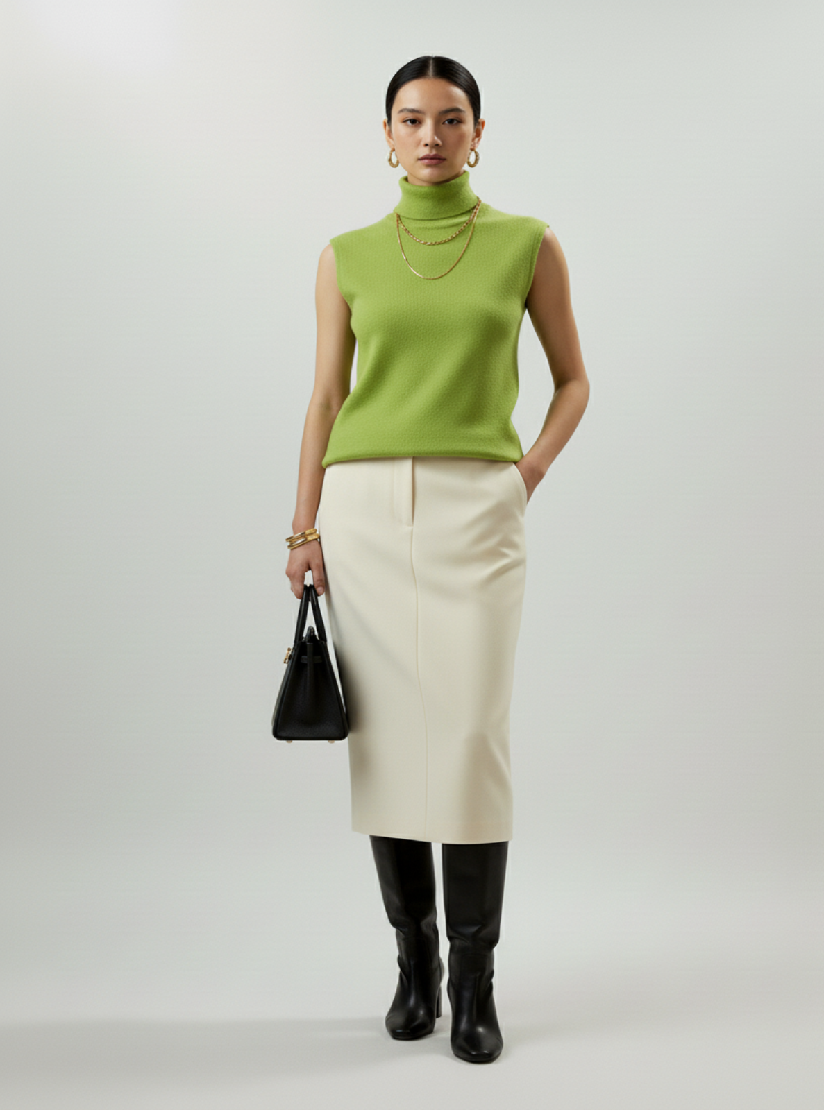 Woman wearing a green sleeveless top, white skirt, and black boots on a light gray background