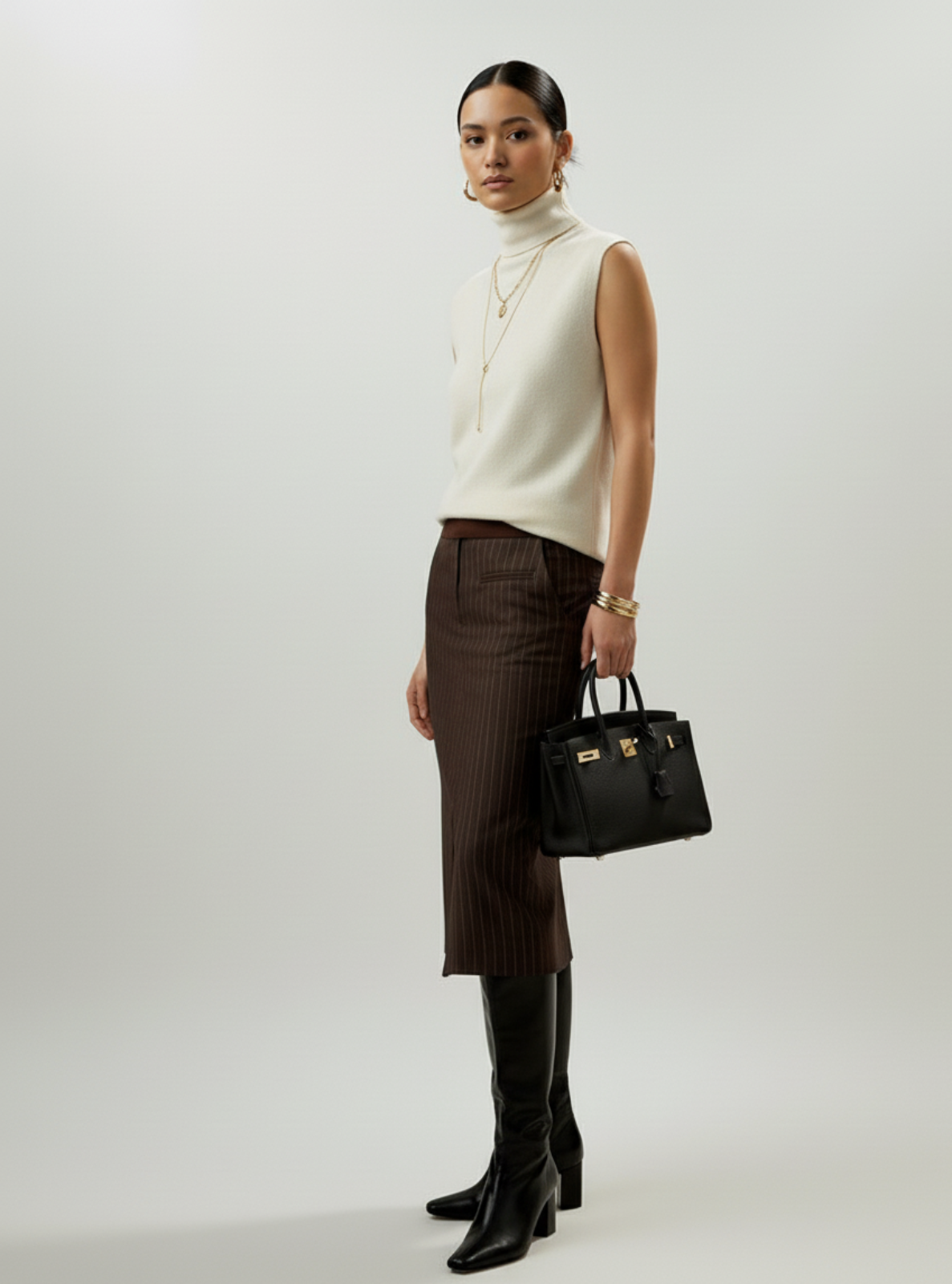 Woman in a white sleeveless top and brown pinstripe skirt holding a black handbag against a white background