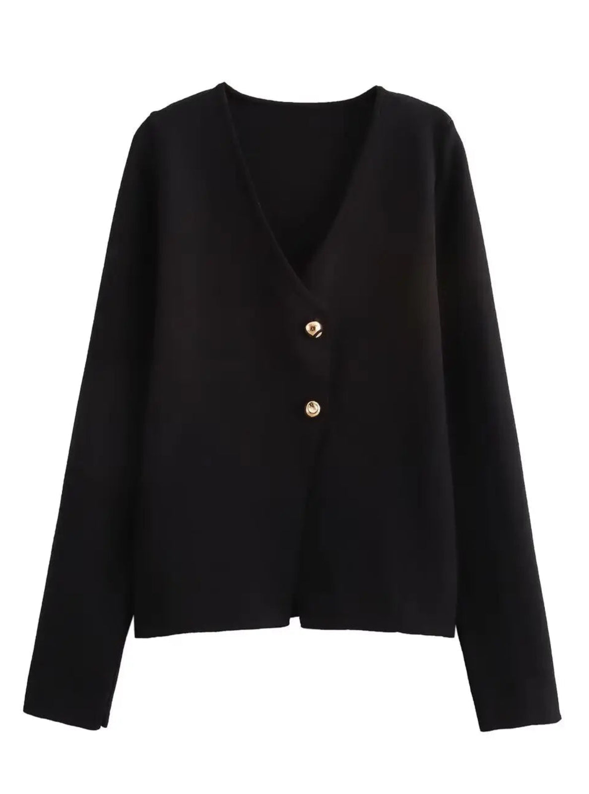 Black cardigan with a single button on a white background