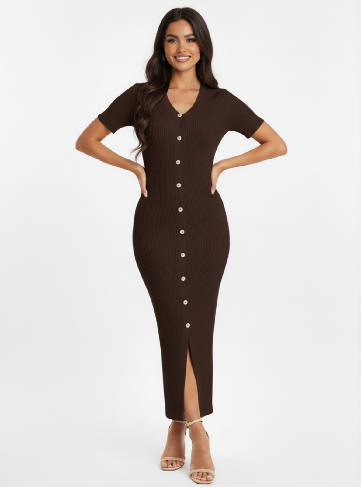 Woman wearing a brown dress with buttons on a white background