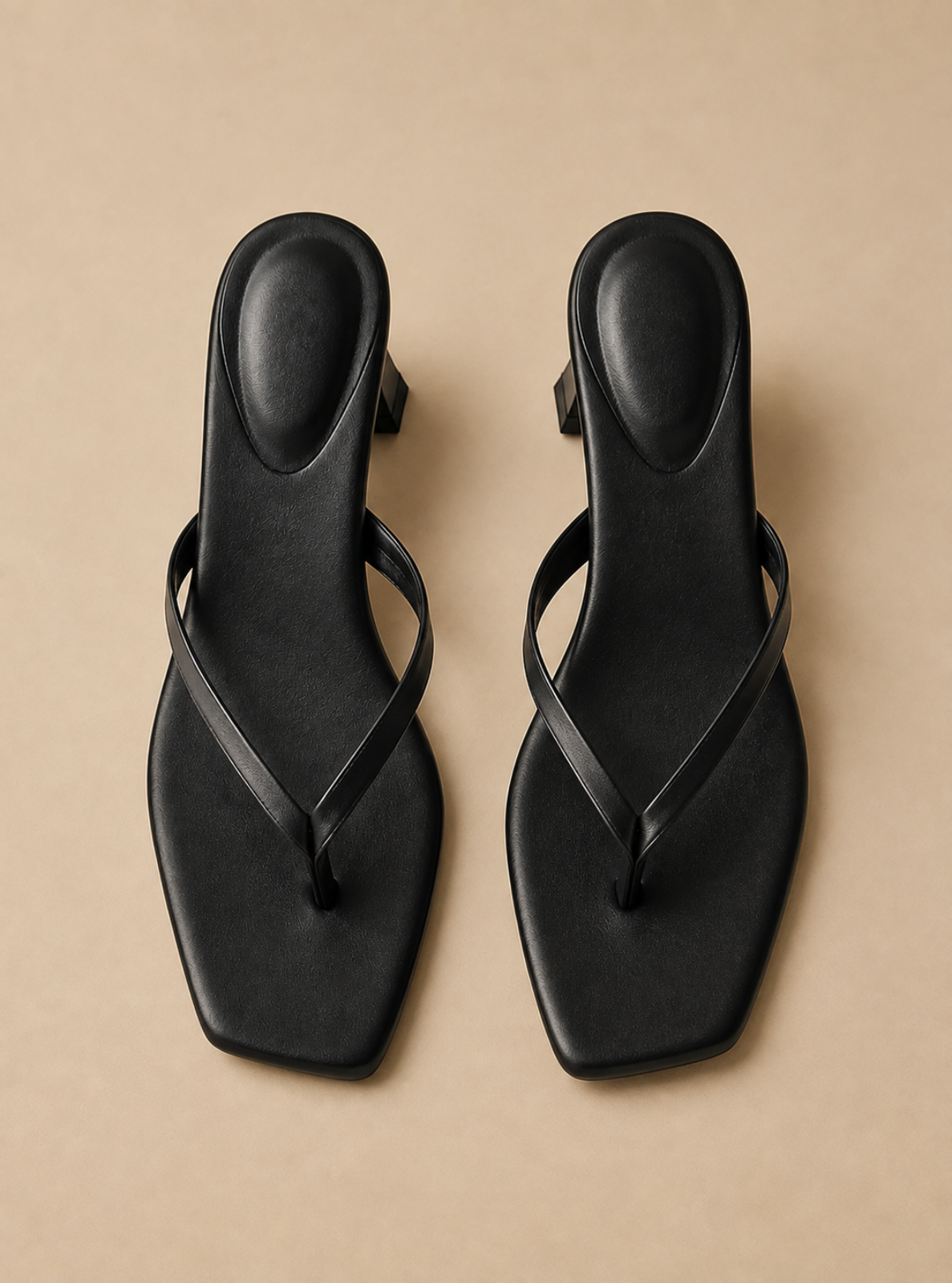 A pair of black leather thong sandals with square toes and low block heels, displayed from a top-down view on a warm beige background.
