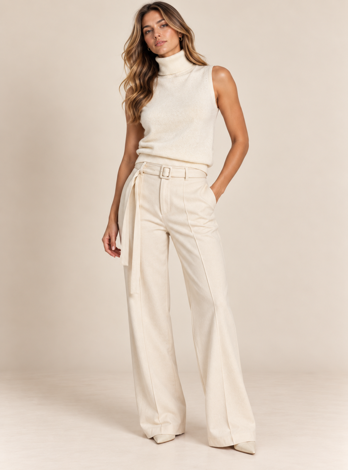A woman modeling a cream sleeveless mock-neck knit top and matching cream wide-leg trousers with a matching belt, set against a solid beige studio background.