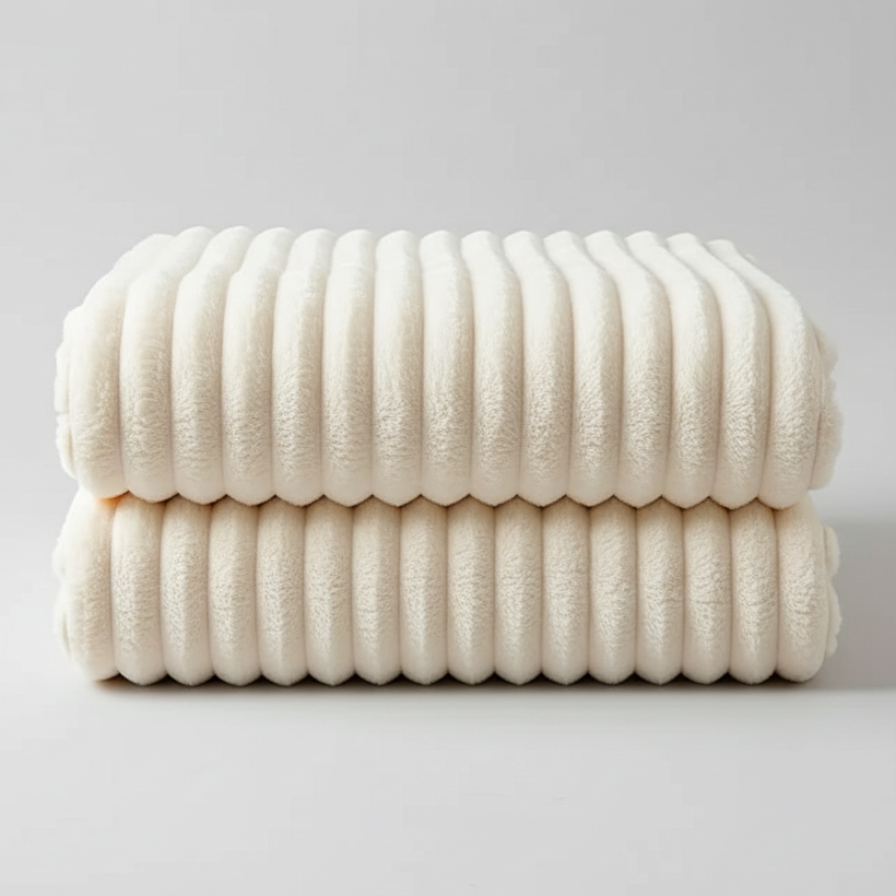 Stack of two cream-colored textured blankets on a light gray background