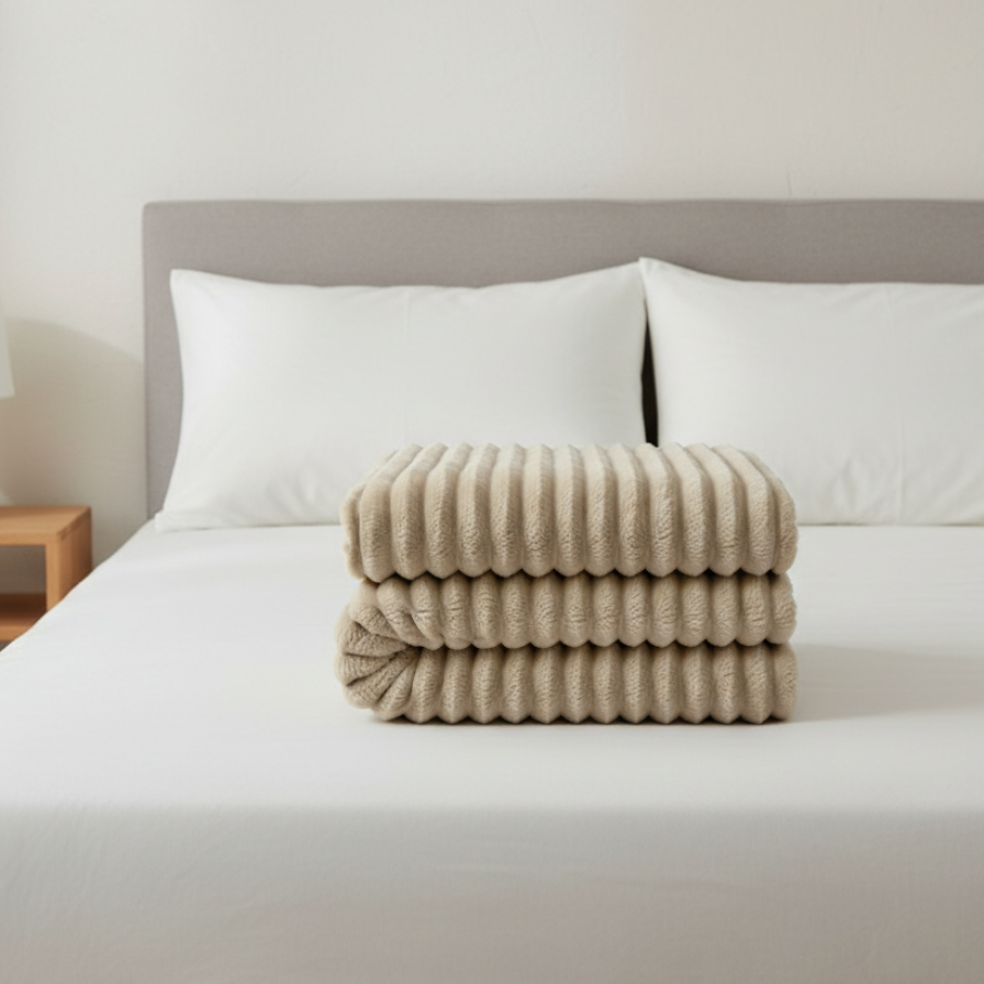 Stack of beige folded blankets on a bed with a neutral headboard and lamp in the background.
