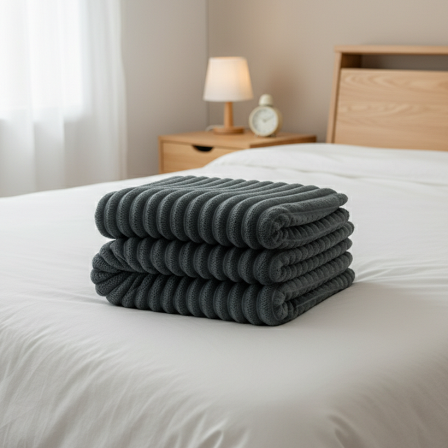Stack of gray folded towels on a white bed in a bedroom setting.