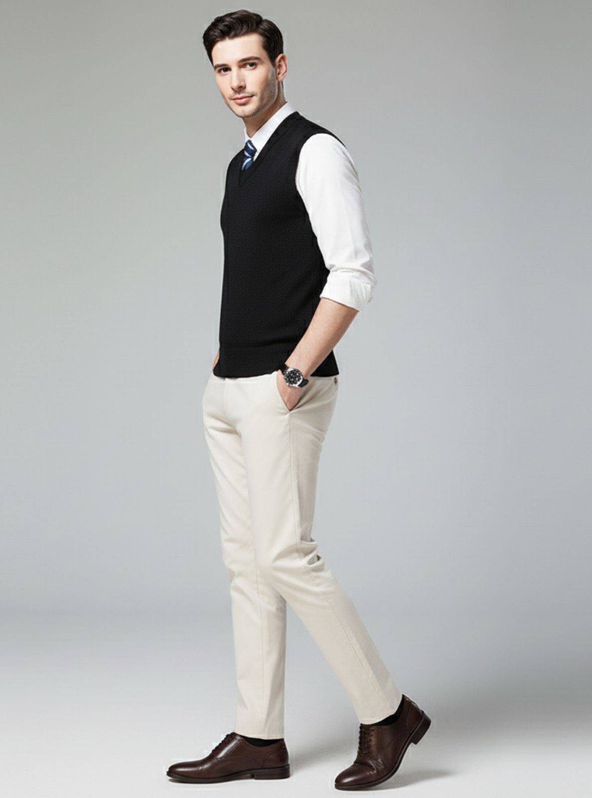 Man wearing a black vest, white shirt, beige pants, and brown shoes on a gray background