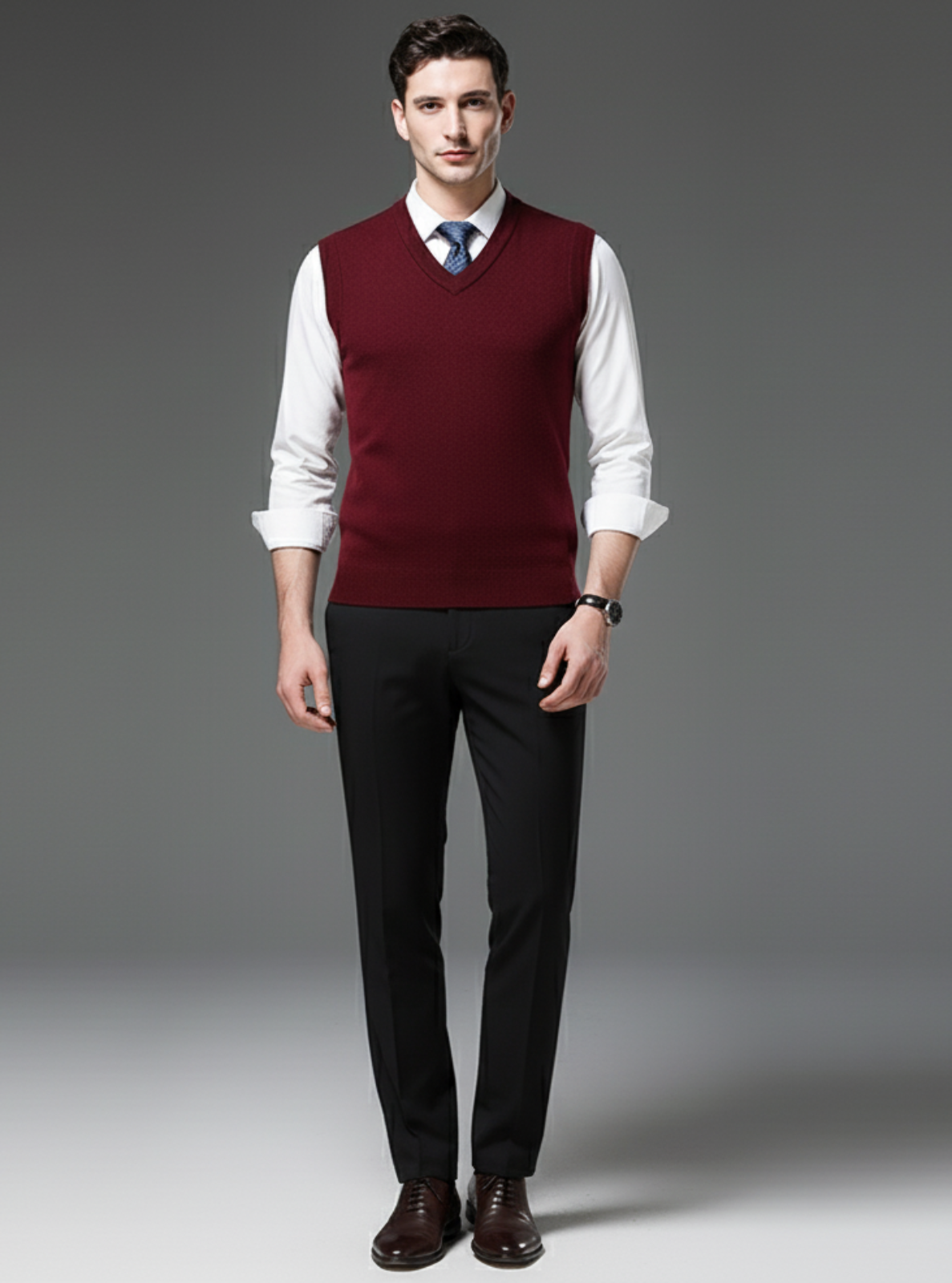 Man wearing a burgundy vest over a white shirt with black pants on a gray background