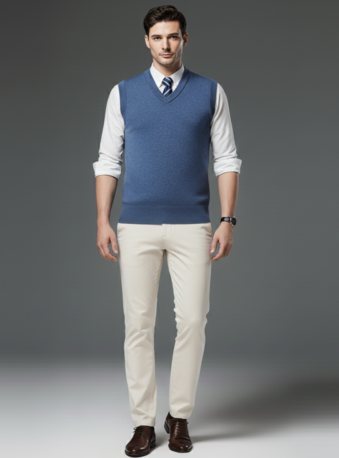 Man wearing a blue sweater vest over a white shirt with beige pants on a gray background