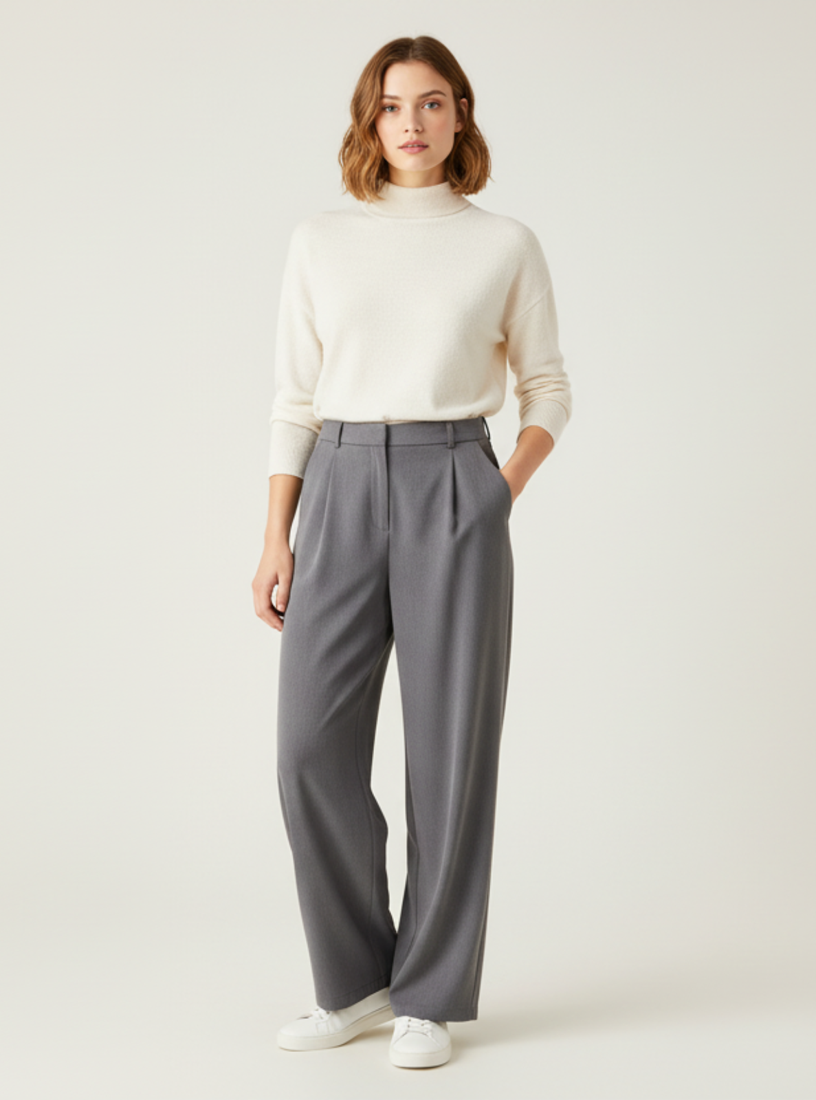 Woman wearing a white sweater and gray pants on a light background
