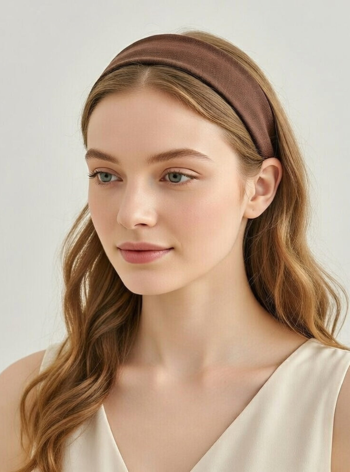 Woman wearing a brown headband against a plain background