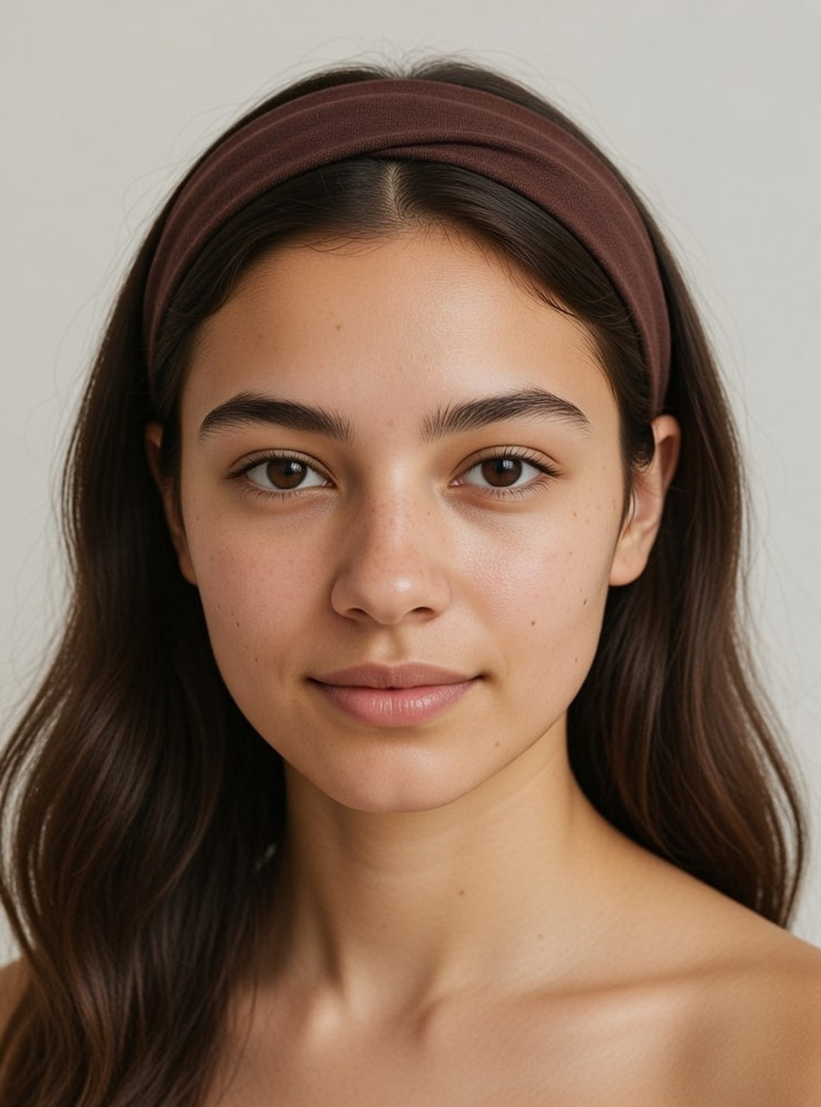 Woman with a brown headband against a plain background