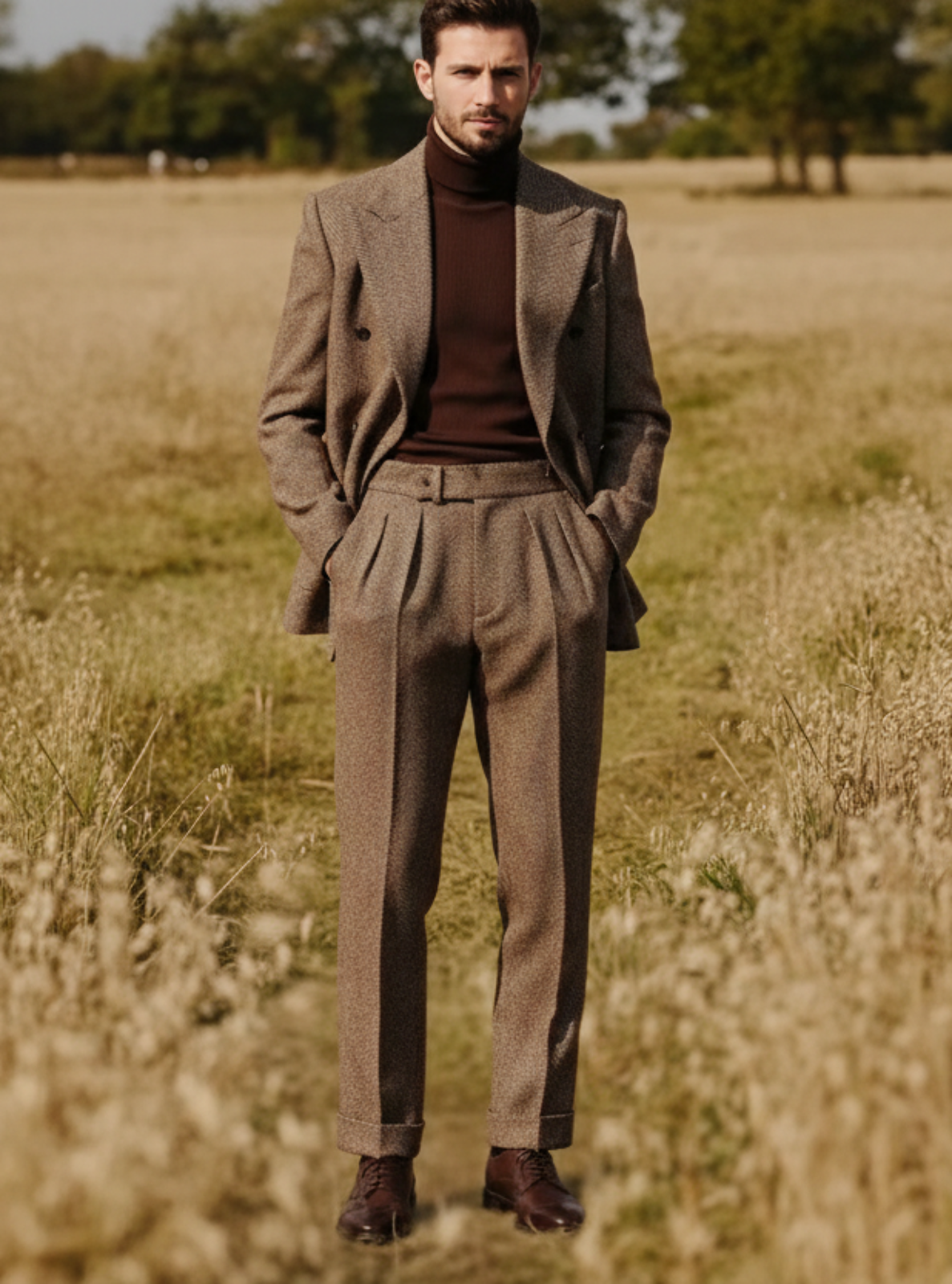 Man in a brown suit standing in a field