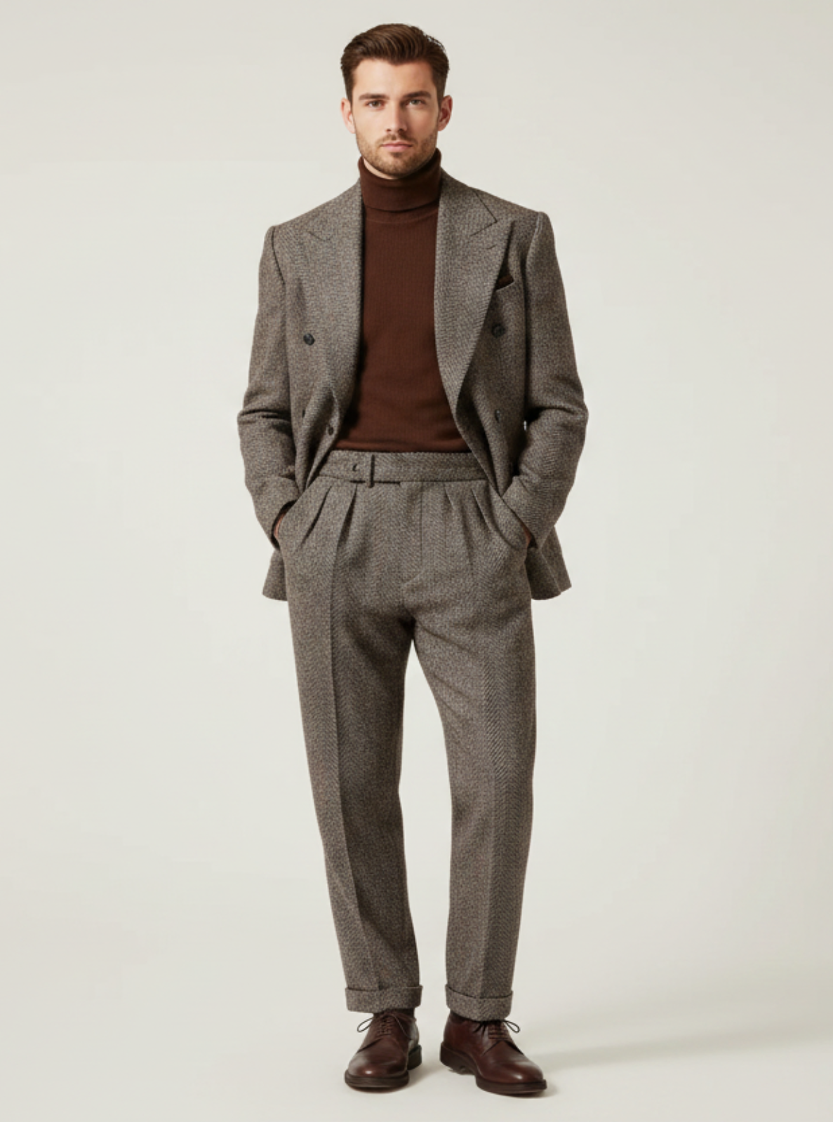 Man wearing a gray suit and brown turtleneck against a white background