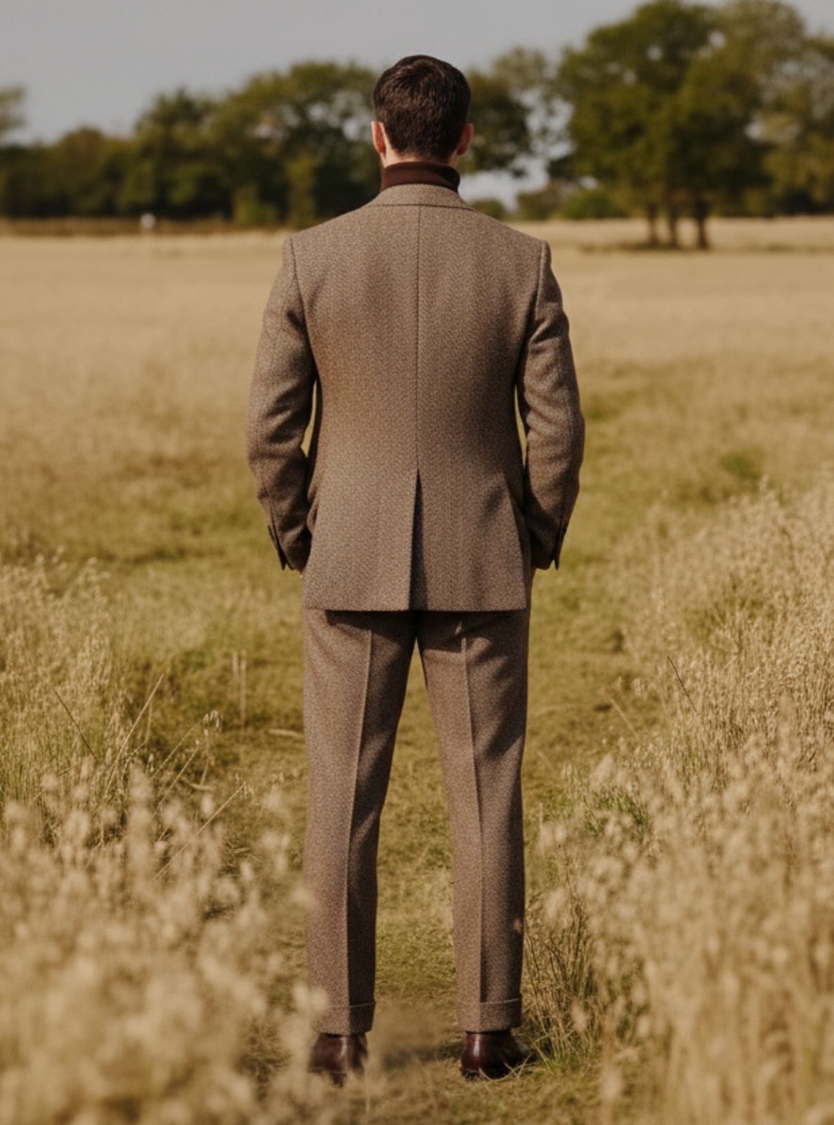 Man in a brown suit standing in a field of tall grass with trees in the background