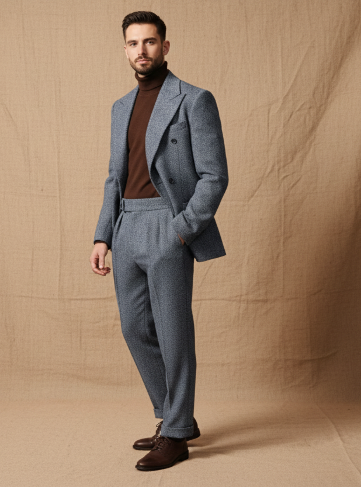 Man wearing a gray suit standing in front of a beige backdrop