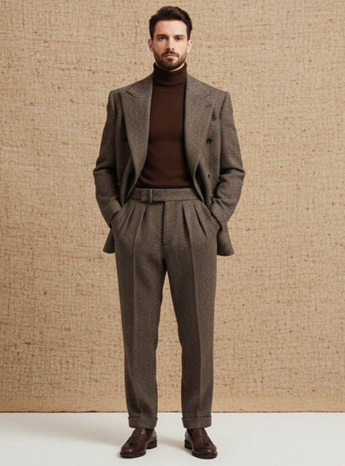 Man wearing a gray suit and brown turtleneck against a textured beige backdrop