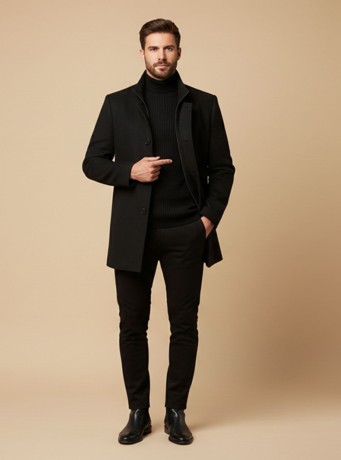 Man wearing a black coat and suit on a beige background