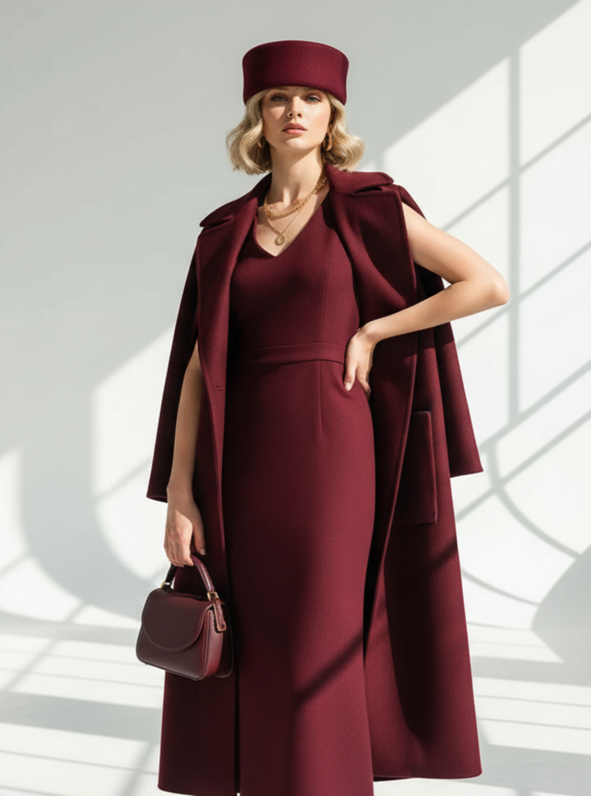 Woman in a burgundy outfit with a matching hat standing in a bright room with sunlight filtering through.