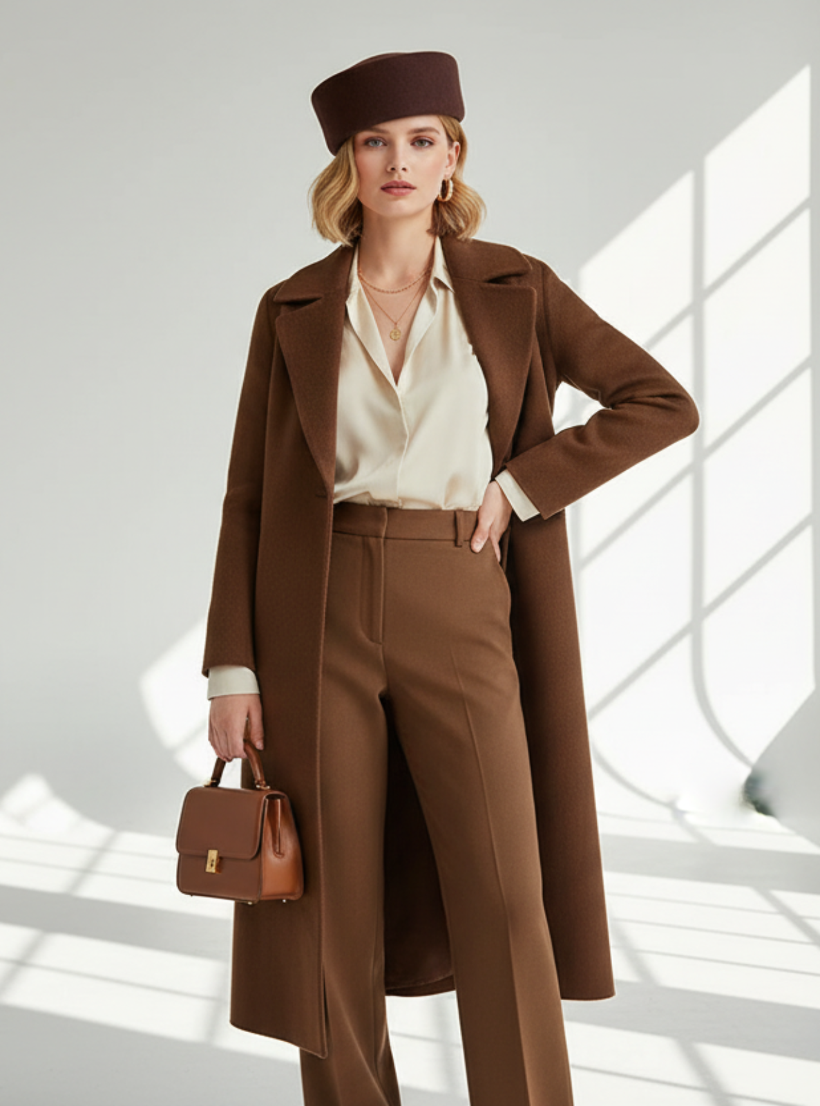 Woman in a brown coat and hat standing in a bright room with sunlight streaming through windows.