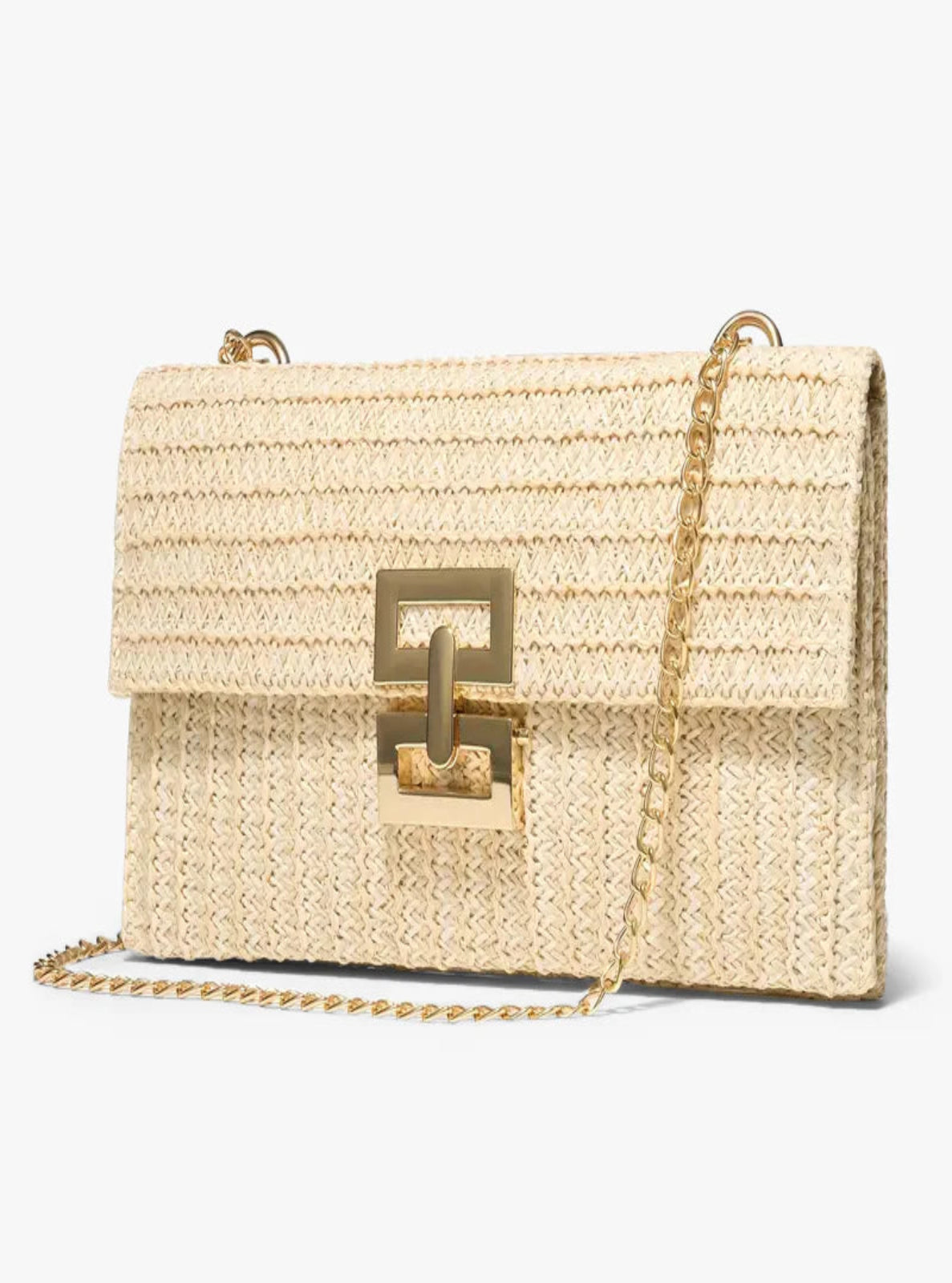 Woven handbag with a gold chain strap on a white background
