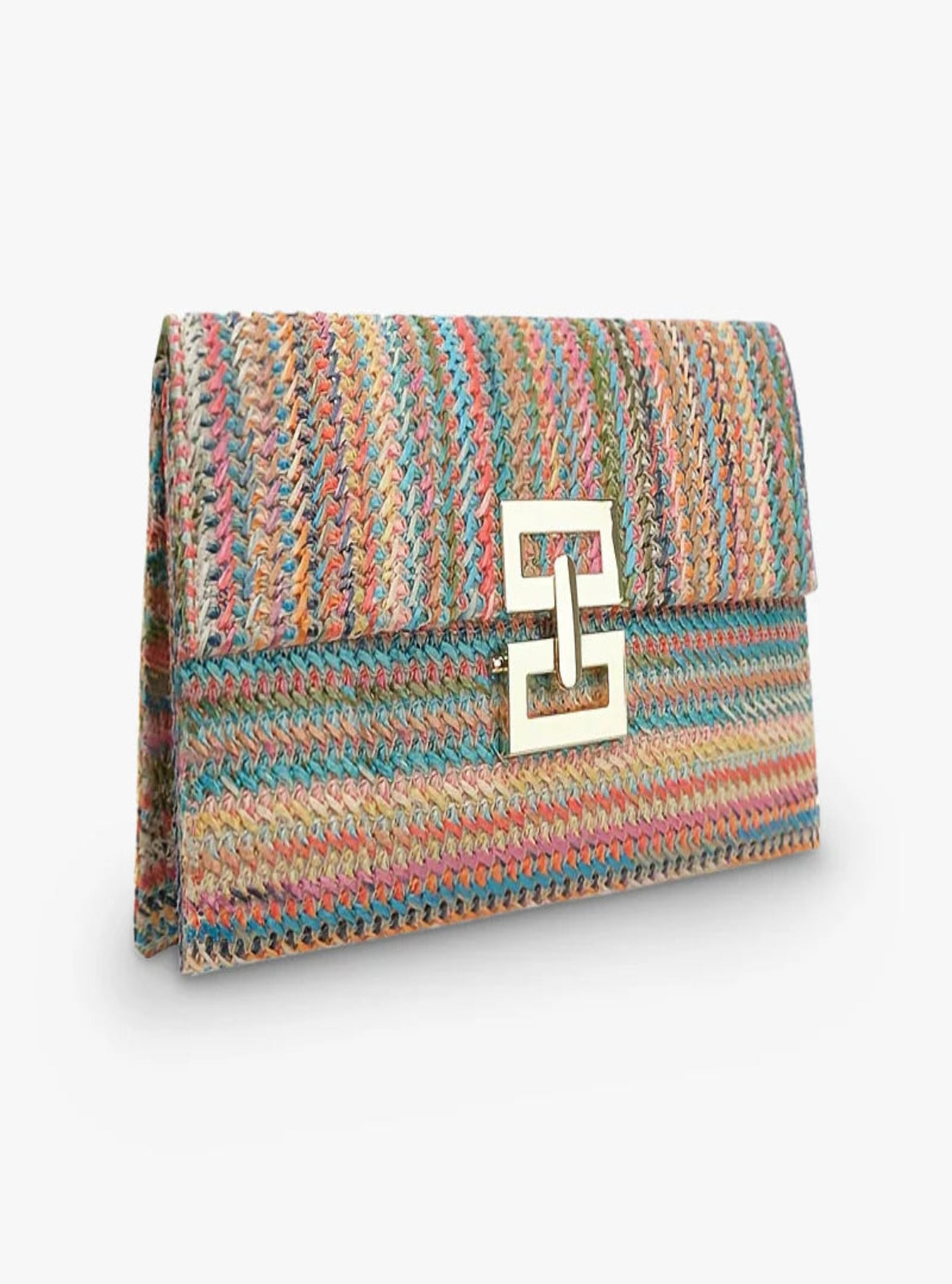 Multicolored woven clutch bag with a gold emblem on a white background