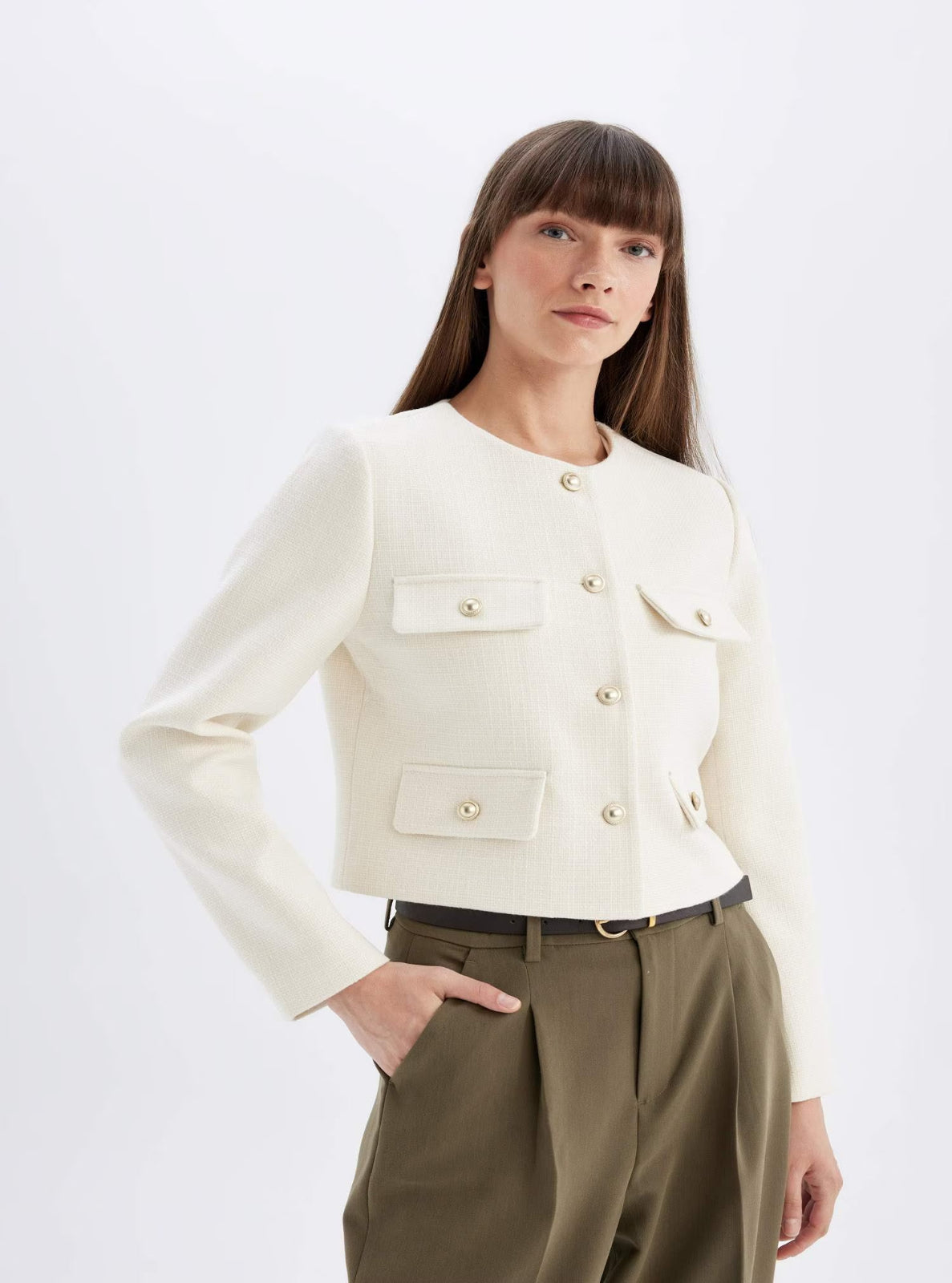 Model wearing white textured Jacket
