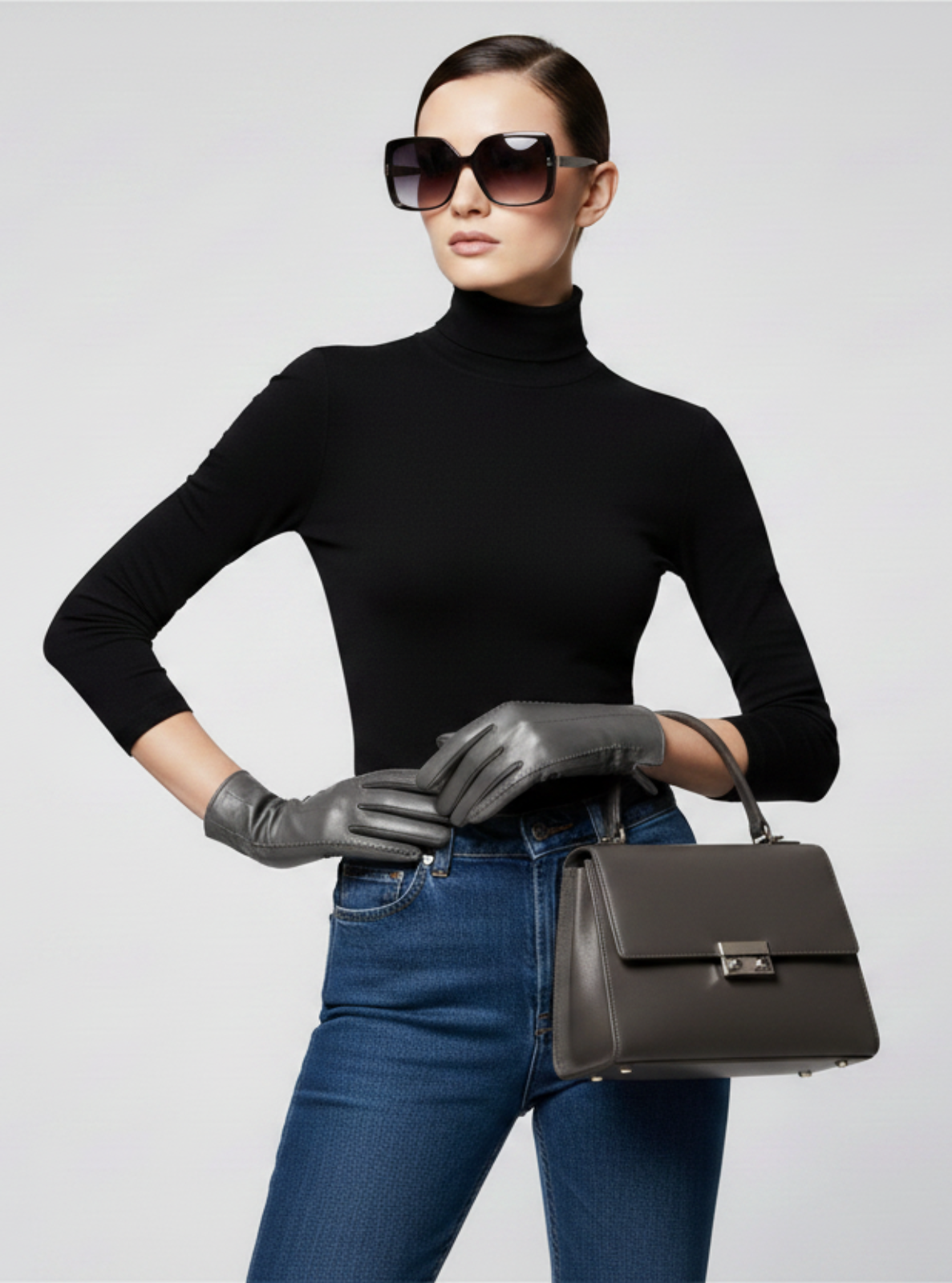 Woman in black turtleneck, blue jeans, and sunglasses holding a black handbag against a light gray background